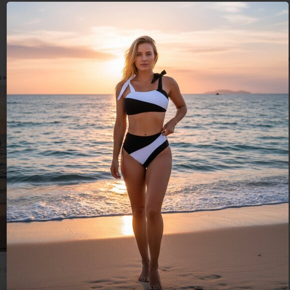 Black and White Color Block Tie Shoulder Bikini Swimsuit Bathing Suit - Picture 2 of 7